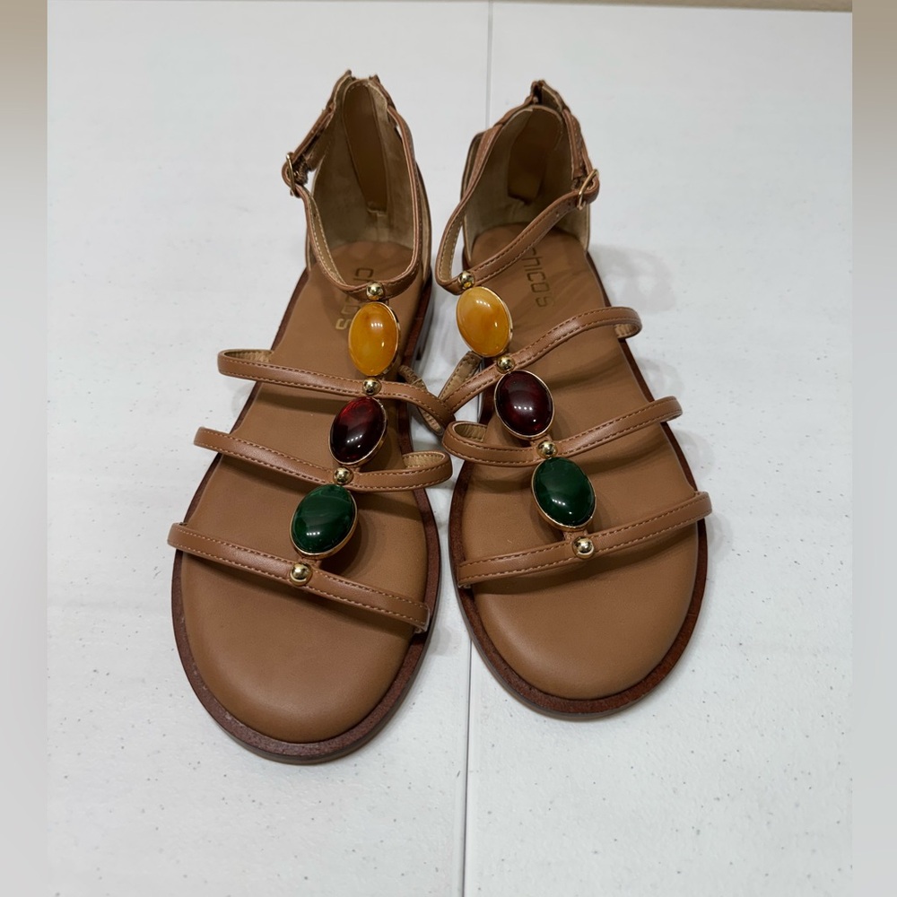 Chicos Women’s Tan Memory Foam Full Back Zip Open Toe Embellished Sandals 7 1/2